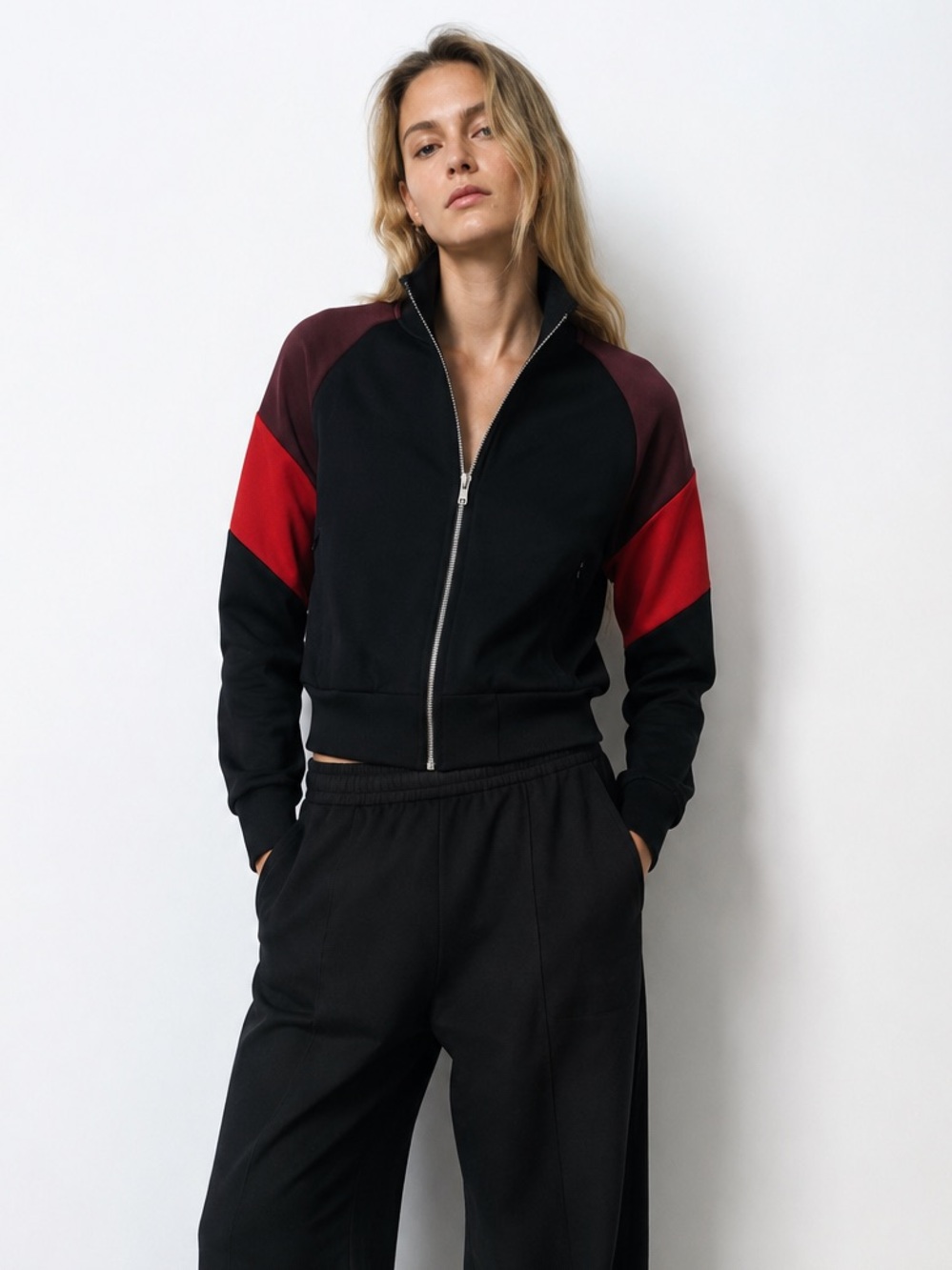 A.L.C. Colorblock Track Jacket M Fits S Black Burgundy Red Full Zip Mock Neck